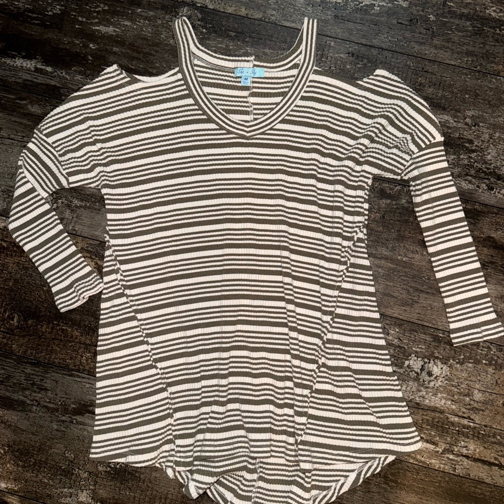 She + Sky Striped Cold Shoulder Long Sleeve Top